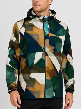 DSG men’s Full Zip Run‎ Jacket size Large Green Geometric Hooded lightweight UPF